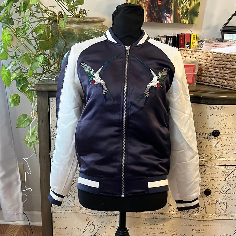 ESCALIER SATIN BOMBER JACKET WITH BIRD DETAIL NAVY BLUE WHITE SIZE SMALL